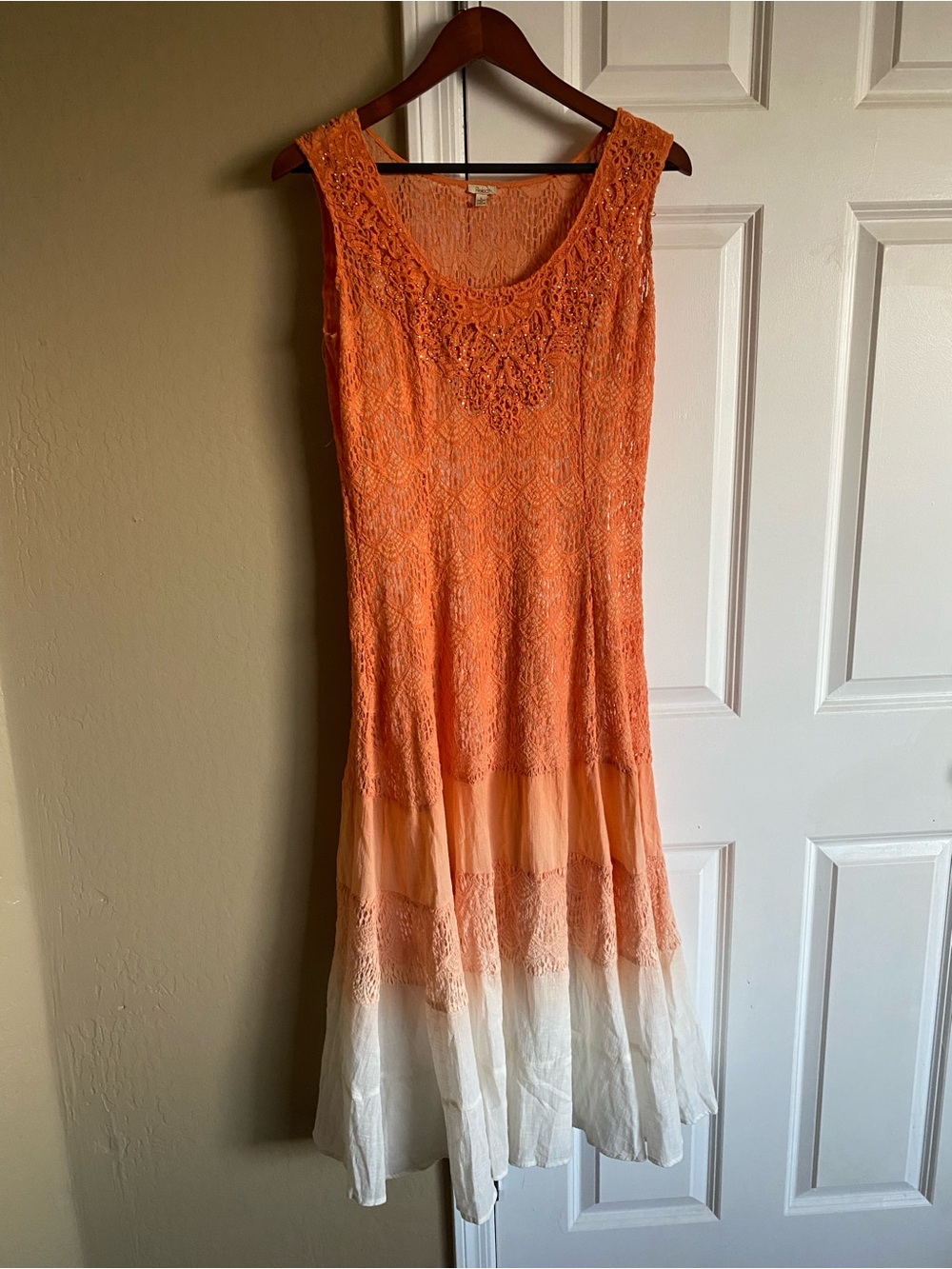 Reba Orange Lace Rhinestone Embellished Boho Maxi Dress L